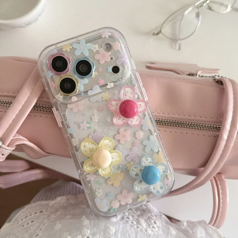 

Korean Cute Stereoscopic Flower Sparkling phone Case For iPhone 13 14 15 16 17 Pro Max solid Polka Dots Flowers Lens protect﻿﻿