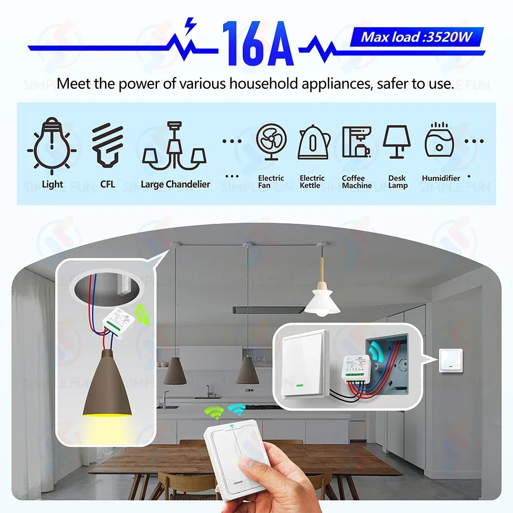 433Mhz 16A Wireless Remote Control Light Switch 2 Way Control 110V 220V Mini Receiver Wireless Wall Panel Swtich Timing Function