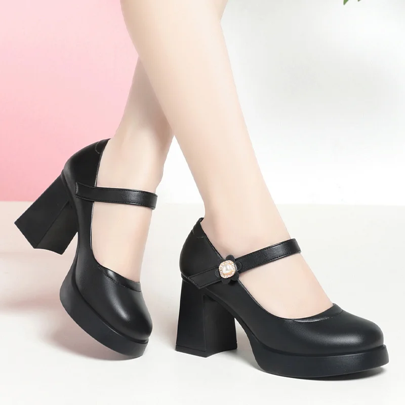 

College Style Thick Sole Waterproof Platform Sweet Shoes Thick Heel Women One-word Buckle High-heeled Soft Leather Shoes