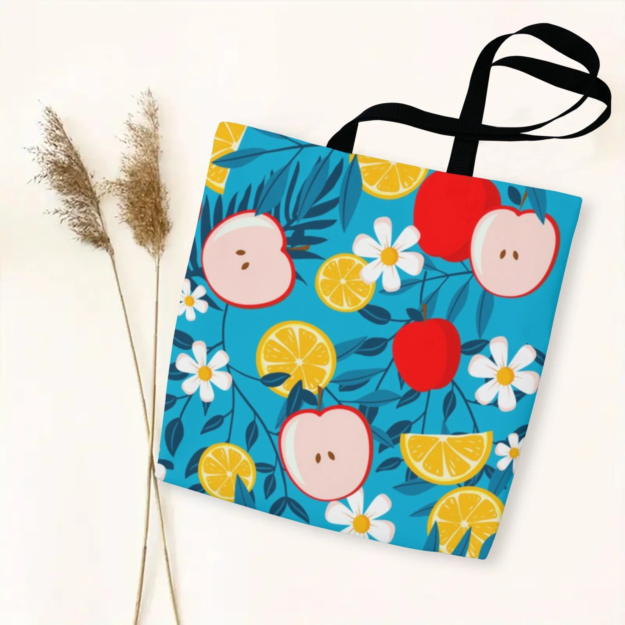 حقيبة تسوق قماشية من قماش التفاح والليمون الأزرق، حقيبة تسوق صيفية طازجة قابلة لإعادة الاستخدام للنساء مثالية لرحلات السوق اليومية