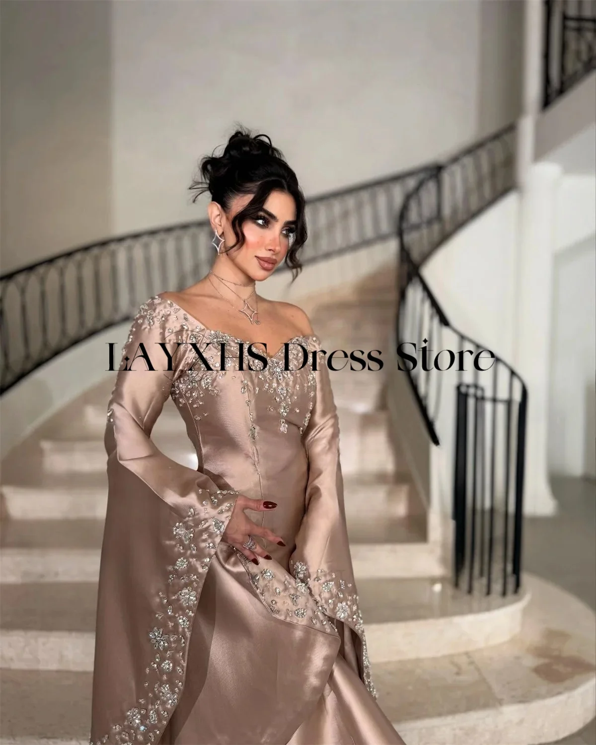LAYXHS Luxury Off the shoulder Evening Dresses Mermaid Beaded Trumpet Long Sleeve Prom Dresse Customized robes de soirée