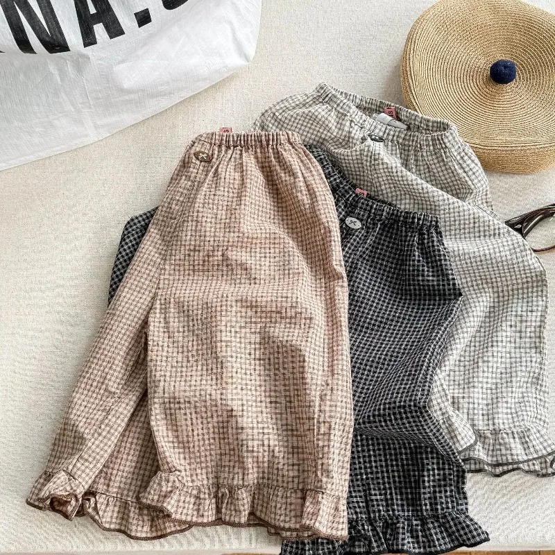 2025 New Summer Baby Girls Plaid Ankle-length Pants Ruffles Thin Korean Style Children Cotton Linen Trousers