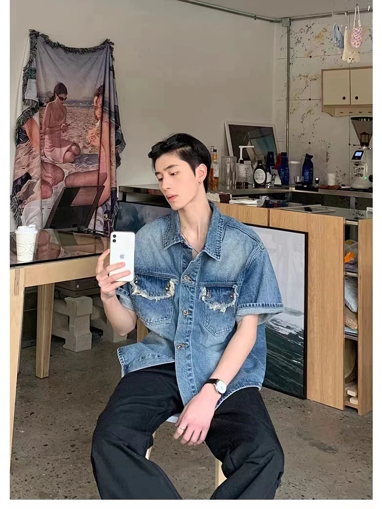 

American Retro Design oulder Pad ort Sve Men's Denim irt Loose Summer Turn-down Collar irt Haome Trendy