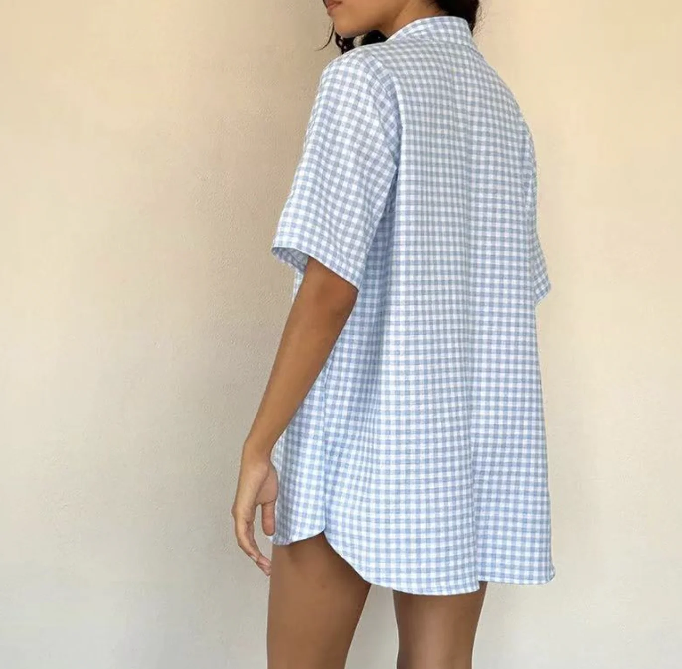 Fashion 2024 Plaid Elegant Short Sleeve Cropped Tie Shirt With High Waist Shorts Casual Outfits 2 Pieces Set For Women