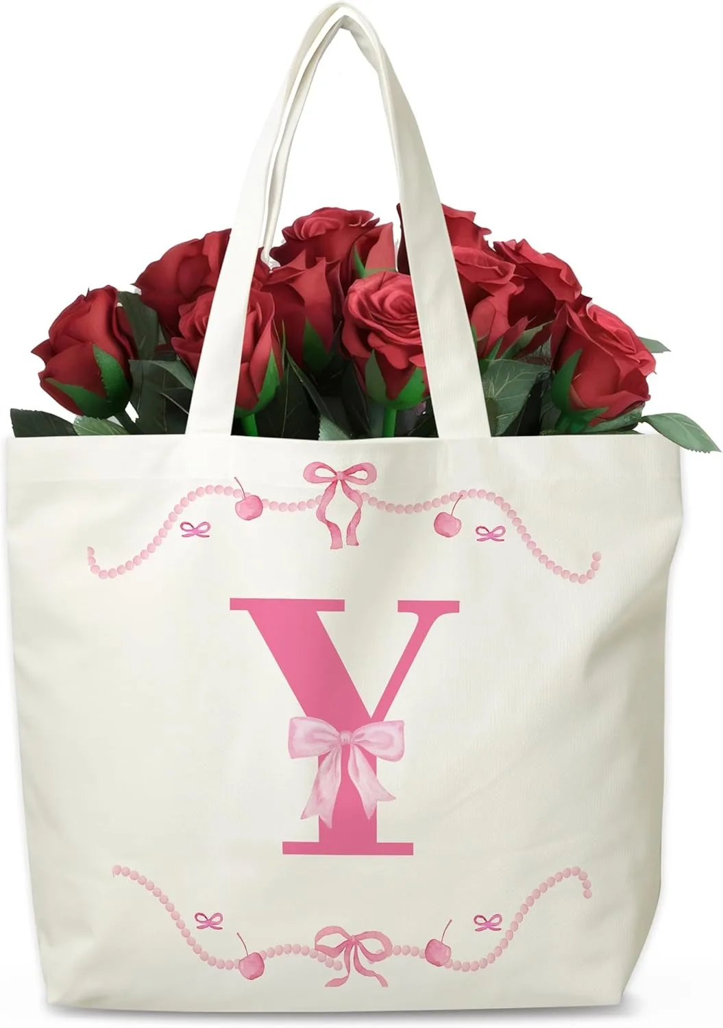 

Элегантная и милая бежевая холщовая сумка на плечо с розовым бантом и буквами, сумка с вишневым жемчугом, подходит для повседневного использования для девочек