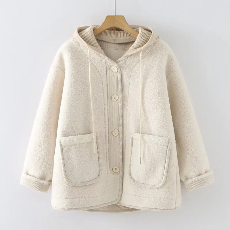 Nowa koszula zimowa z polaru jagnięcego na rok 2025, damska bluza z kapturem, zapinana na guziki, z kieszeniami, patchworkowa, moda Mori Girl, codzienna, ciepła, luźna odzież wierzchnia C5D425CC