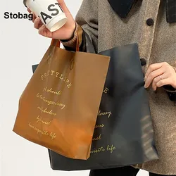 StoBag 50pcs Black Frosted Shopping Bag Tote Matte Plastic Clothes Gift Package Pouch Handbag Portable Custom Logo(Extra Fee)