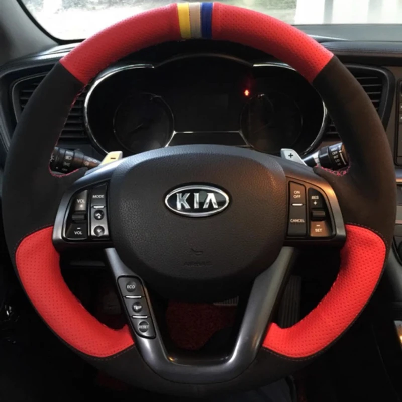 

for Kia K5 2011 2012 2013 Optima Hand-stitched black Red Genuine Leather Non-slip car Steering Wheel Cover