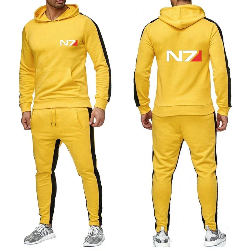 Neues Herren-Sweatshirt, lässig, einfarbig, dicker Pullover, lange Hose, 2-teiliges Set, Herbst-Jogger, Sport, Jogging, gestreifter Anzug