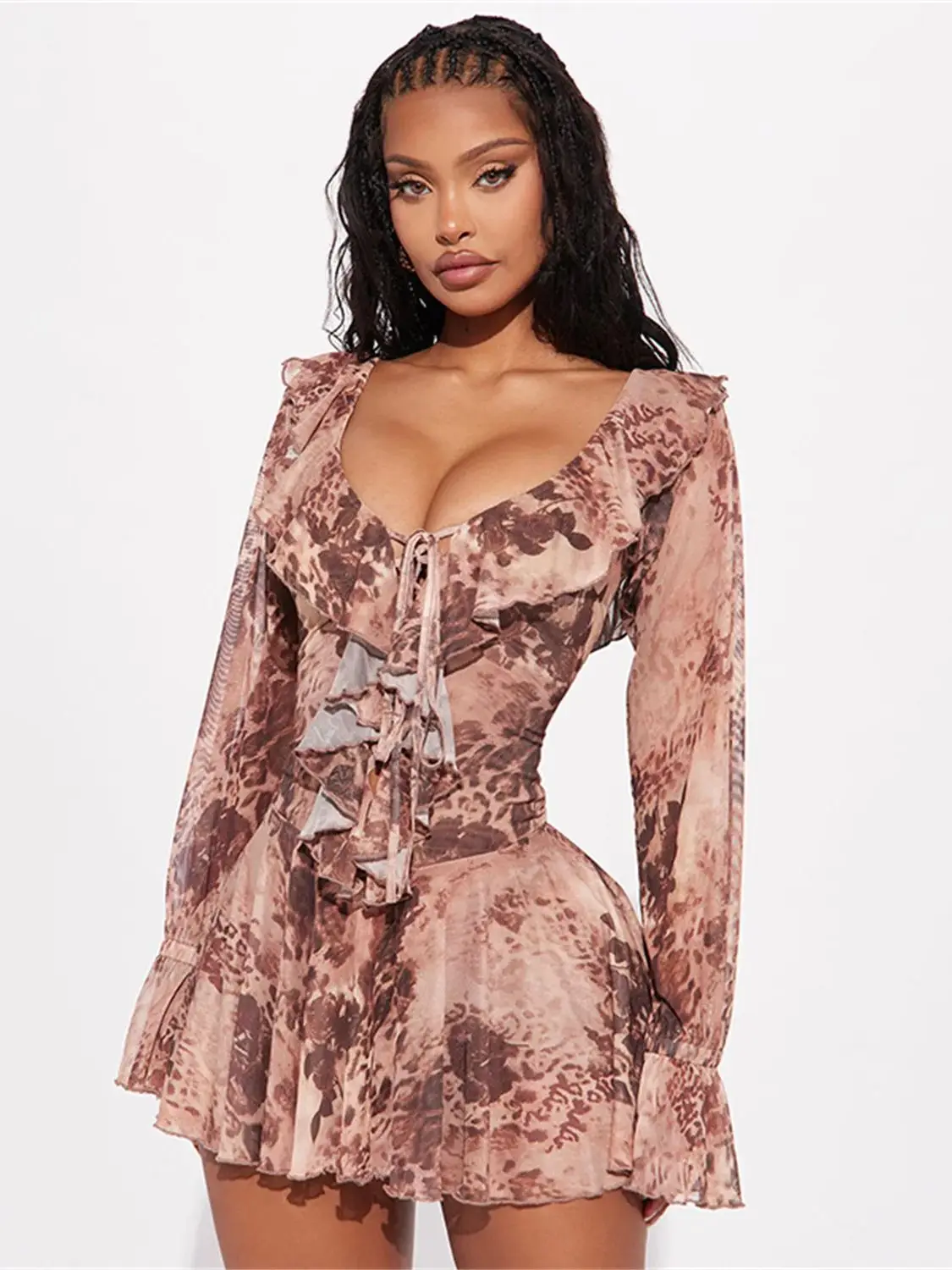 Robe imprimée léopard à volants pour femmes, transparente, Sexy, décolleté en v profond, manches évasées, costume de Club de fête de rue de minuit