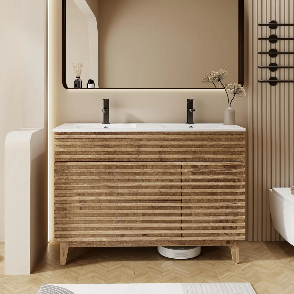 

48" Bathroom Vanity with Sink Combo Mid-Century Freestanding Cabinet with Wood Stripes Decor, Adjustable Shelf