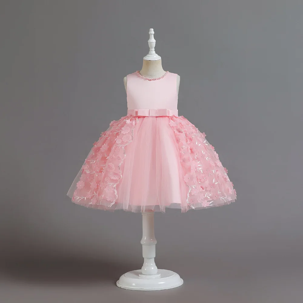 

Children Gown Girl Sleeveless Tulle Party Gown Satin Top Beaded Neckline Bow Accent 3D Flower Decorated Kid Skirt Elegant Outfit