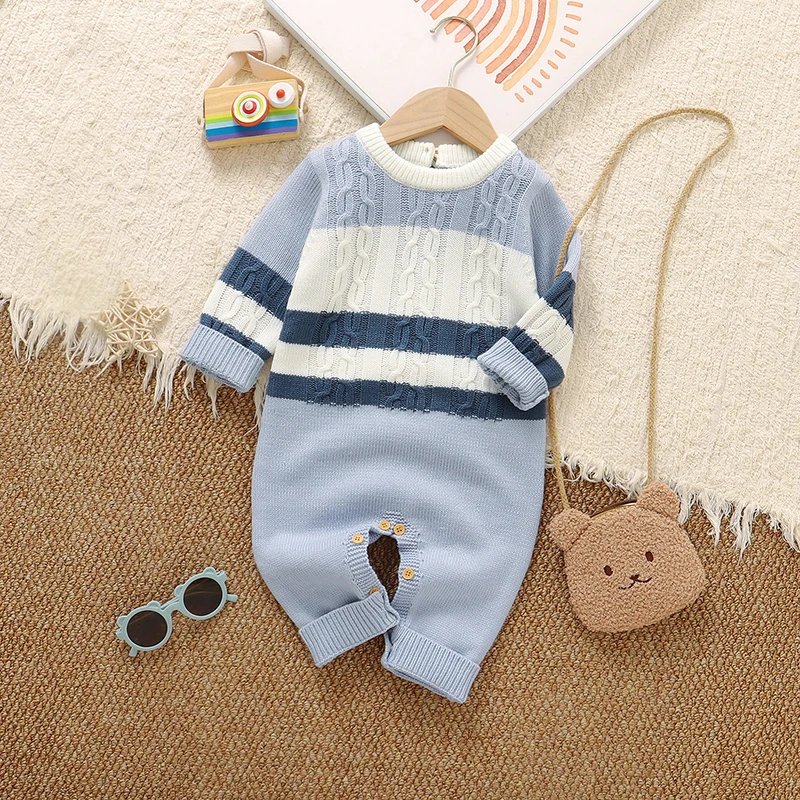 

Blue Crew Neck Long Sleeves Knitted Baby Boys Rompers Clothes Newborn Infant Jumpsuits Outfits One Pieces Toddler Overalls 0-18m
