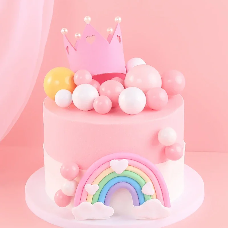 Pearl Crown Cake Topper Foam Ball Colorful Flag Plugin DIY Cupcake Dessert Decor Birthday Baby Shower Cake Decorating Supplies