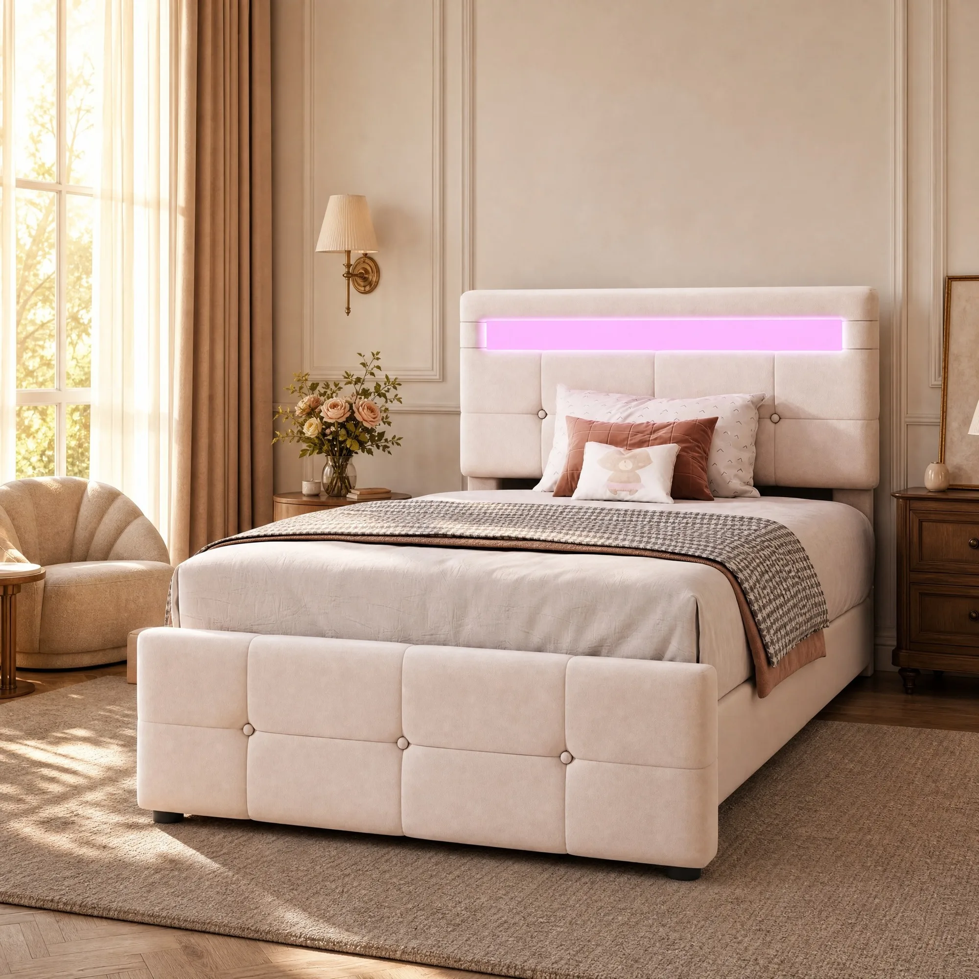 Lit rembourré pour enfants, dimensions 90x200 cm, avec éclairage LED et rangement hydraulique, tête de lit réglable, revêtement en velours beige.