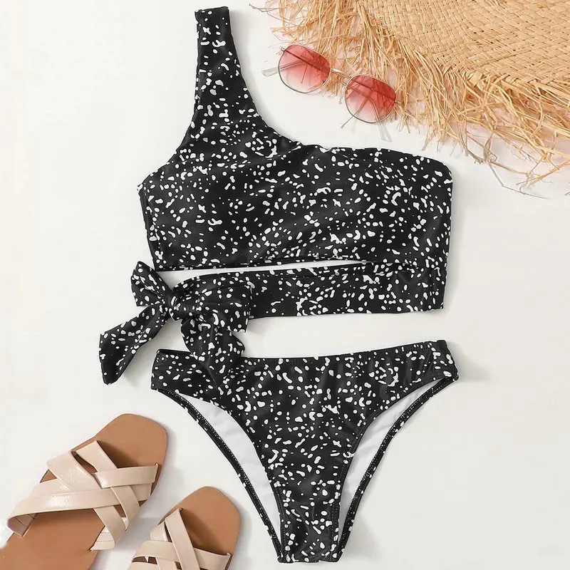 Vintage Klassieke Luipaardprint Badmode Vrouwen Een Schouder Bandage Split Badpak Bikini Set Zomer Tweedelige Strandbadpak