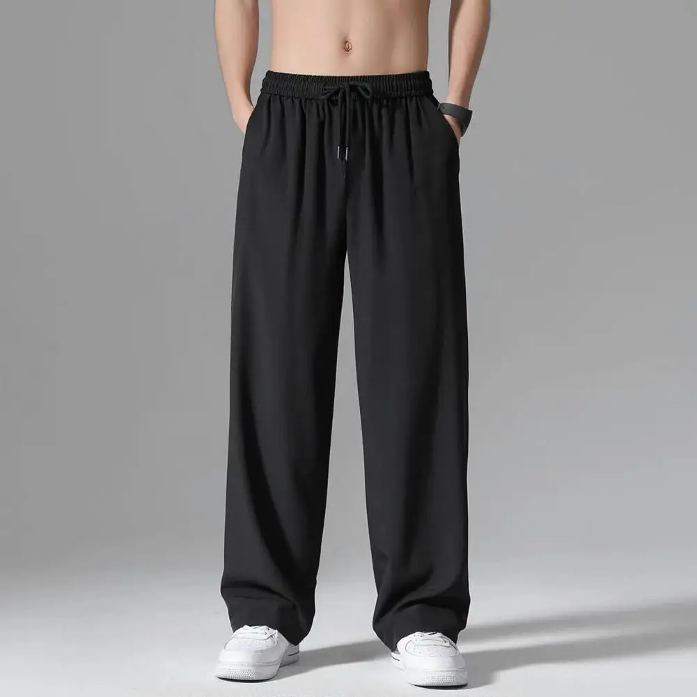 Ice Silk Pants Men's Summer Drawstring Elastic Pockets Draped Men Pants Trend Loose Solid Color Straight Wide Leg Thin Trousers