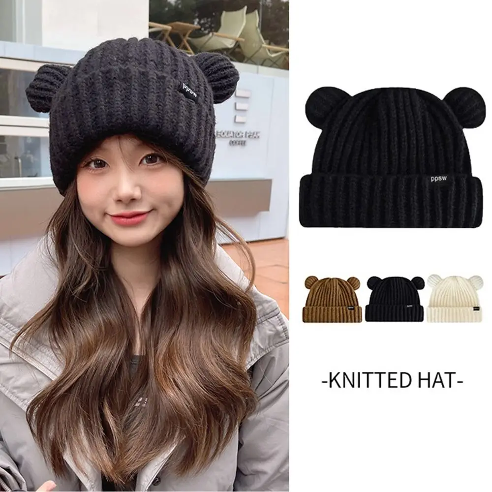 New Fashion Knitted Hat Women Girl Cute Bear Ear Knitted Hat Autumn Winter Warm Hat Couple Hat Elastic Woolen Knitted Hat Black