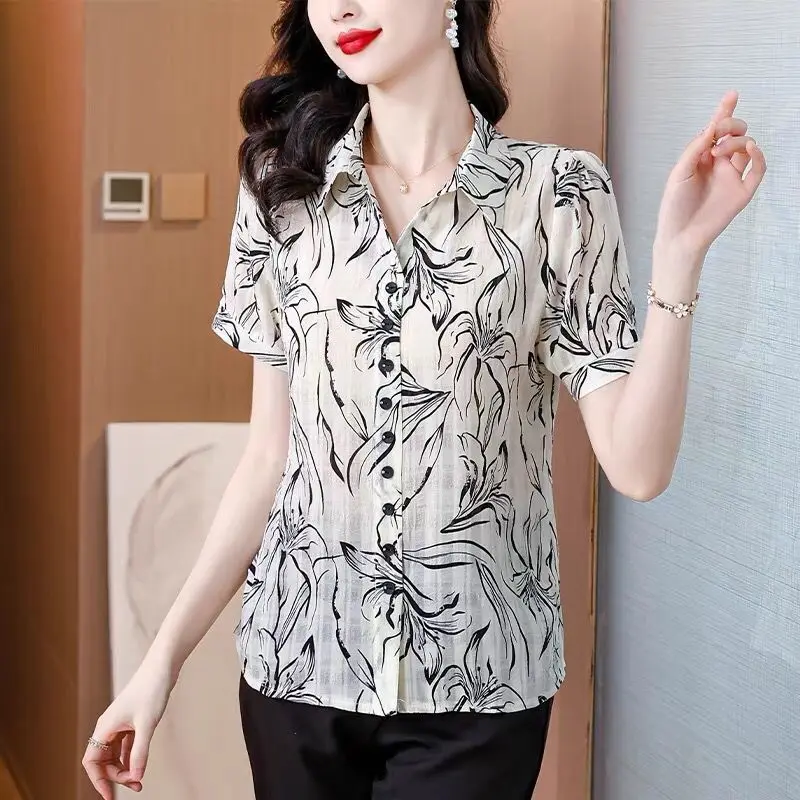 

Women's Short Sleeve Pullover Shirt New Summer Stylish Loose Fit Slimming Tummy Cover Printed Versatile Top​