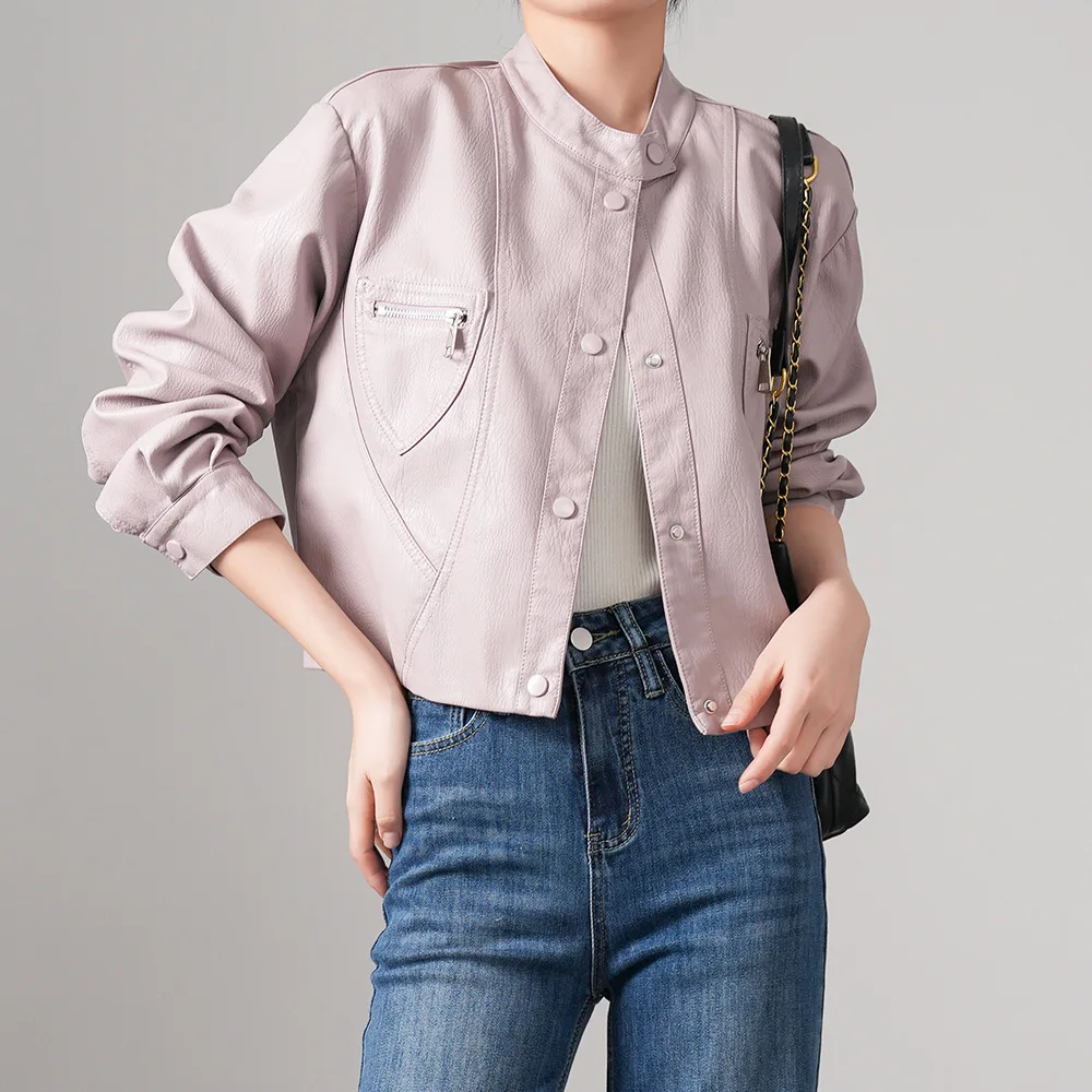 

Spring New Pink Lychee Pattern Classy Outerwear Thi PU Leather ort Sle Faionable And Youthful Feeling Women's Jaet