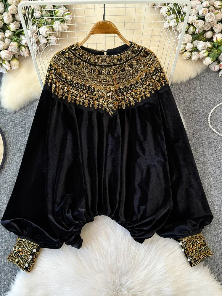 Autumn Winter Women's Sequins Velvet Blouse Elegant Burgundy/White/Black/Khaki Shirt Party Round Neck Lantern Sleeve Tops New