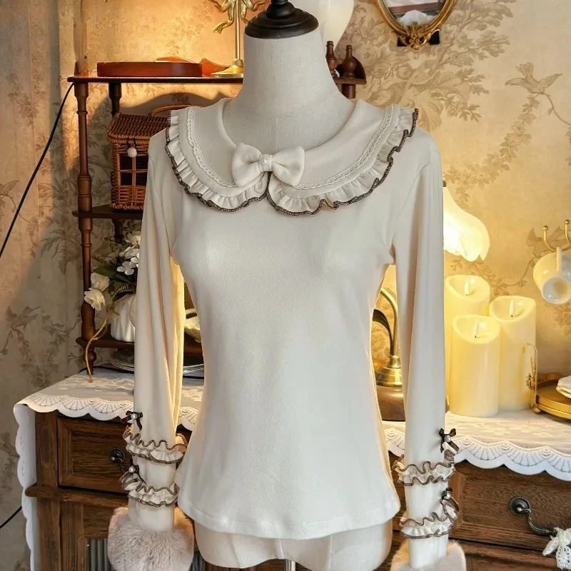 Japanische Kawaii Lolita T-Shirts Frauen Süße Rüschen Patchwork Bogen Tees Heiße Mädchen Casual Mode Y2k Lange Ärmel Tops Chic