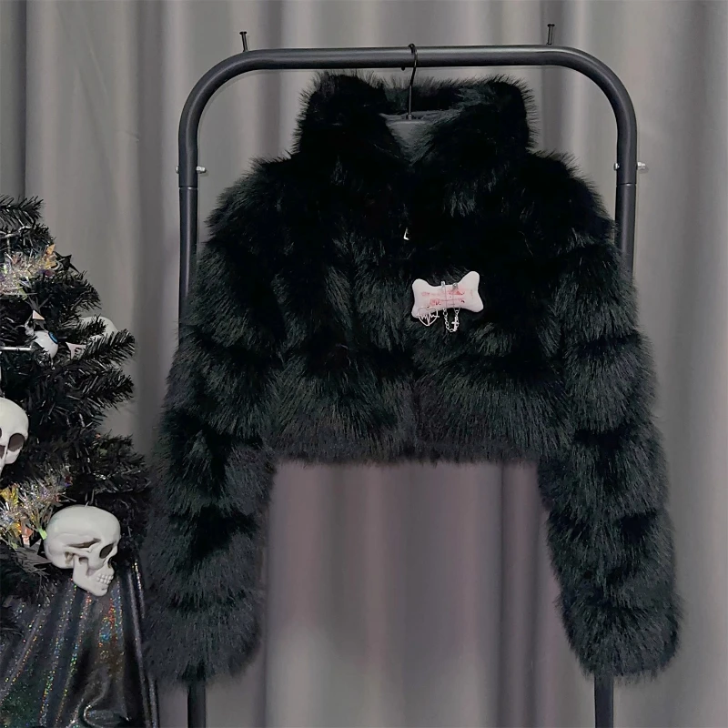 European American Style Y2K Hot Girl Punk Dark Pin Rock Women's Coat 2025 Autumn Winter New Gothic Faux Fur Short Jacket Ladies