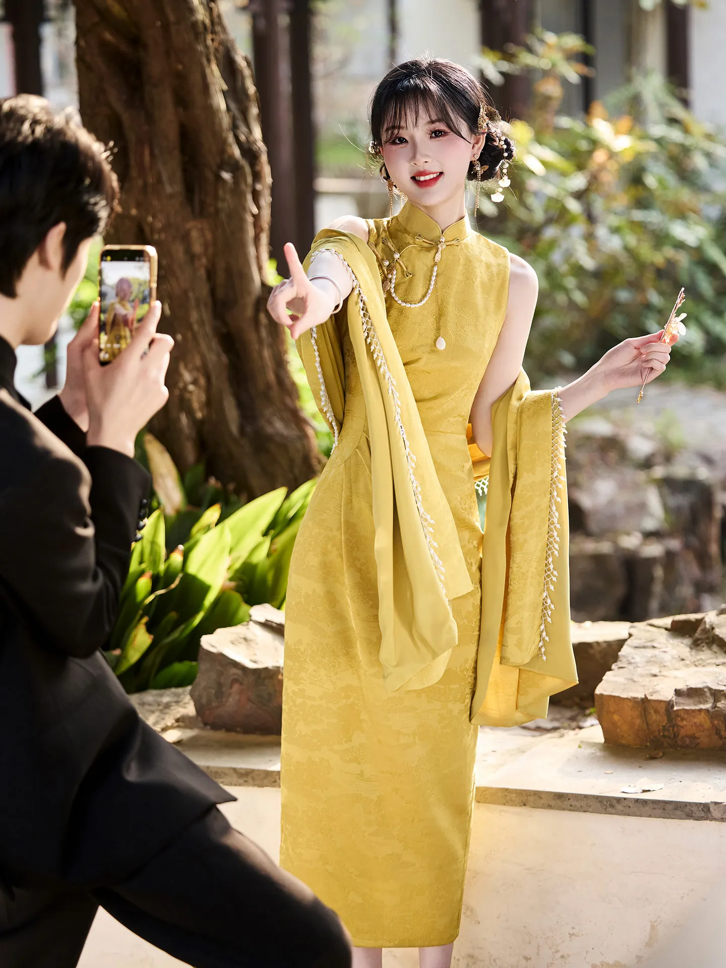 

Golden Yellow Set Wedding Dr Ceremony Robe New Bride Gown Evening Gown Vintage Sle Breathable Polyester Fabric