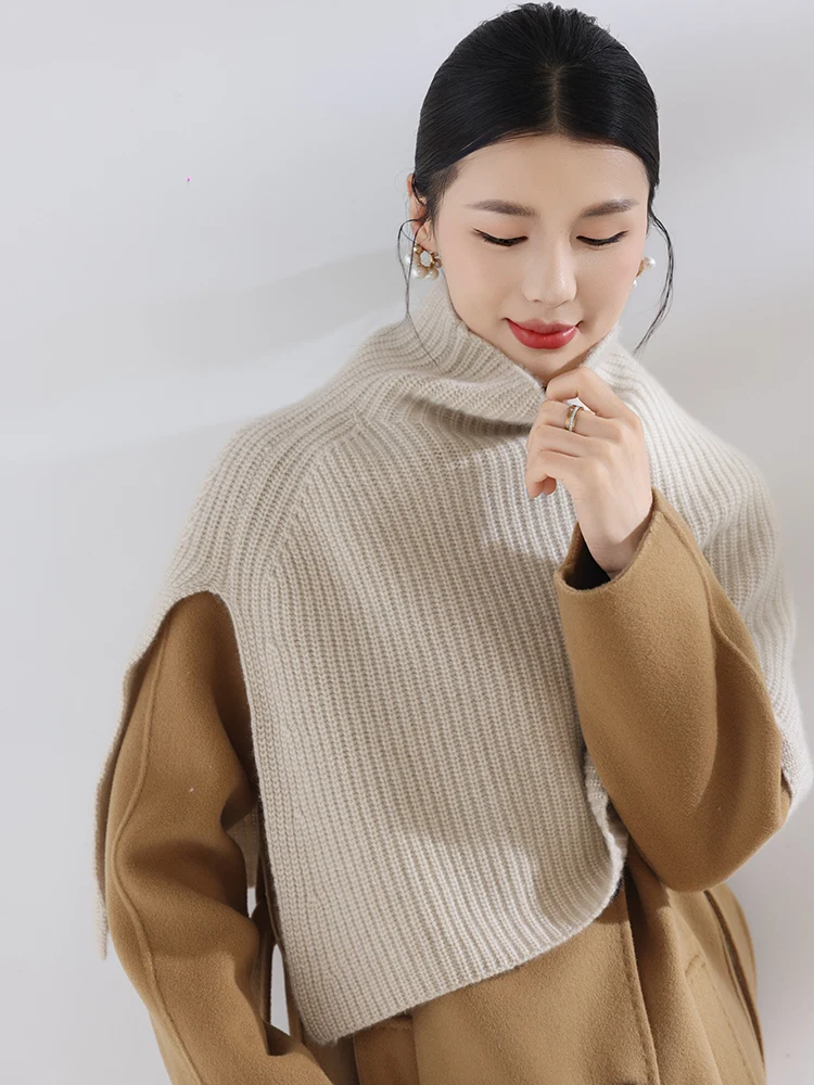 CHICCU المرأة 100% الكشمير متماسكة البلوز شالات الياقة المدورة شال سميك الخريف الشتاء موضة كاذبة طوق معطف سترة التفاف #2