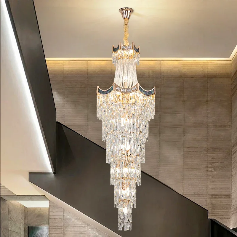 Industrial Staircase Crystal Chandelier, Black-Gold Accent Fixture, Loft Style Stairwell Lighting, Retro Home Indoor Lighting