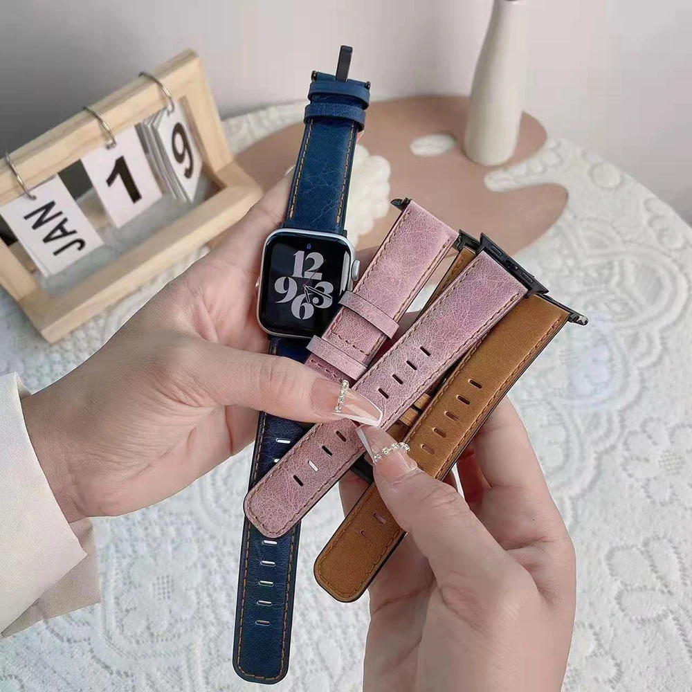 Retro Leather strap For Apple watch band 44mm 41mm 45mm 40mm 42mm 38 bracelet correa iWatch series 9 8 7 3 4 5 se 6 ultra 2 49mm