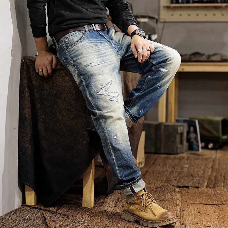 

JXN110 High-end red ear denim ripped jeans men's new Slim straight stretch tapered small feet trousers