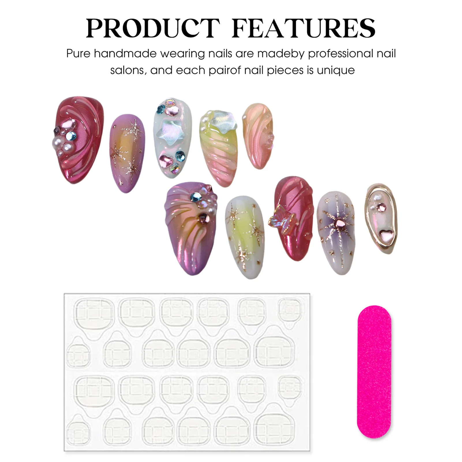 Almond Press On Acrylic Nails Y2k Handmade Colorful Gradient False Nails with Aurora 3D Diamond Butterfly Decor Long Fake Nails