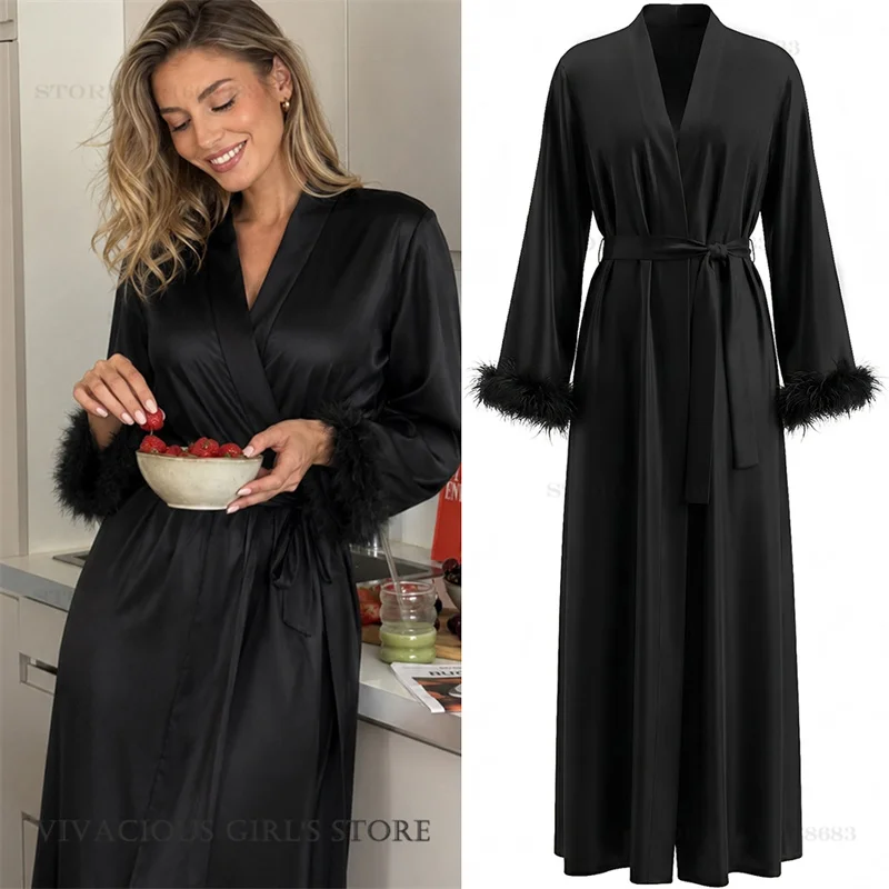 Fashion Womens Long Robes Pajamas Home Clothes Elegant Kimono Bathrobe Gown with Feather Cuffs Luxury Satin Sleepwear Loungewear