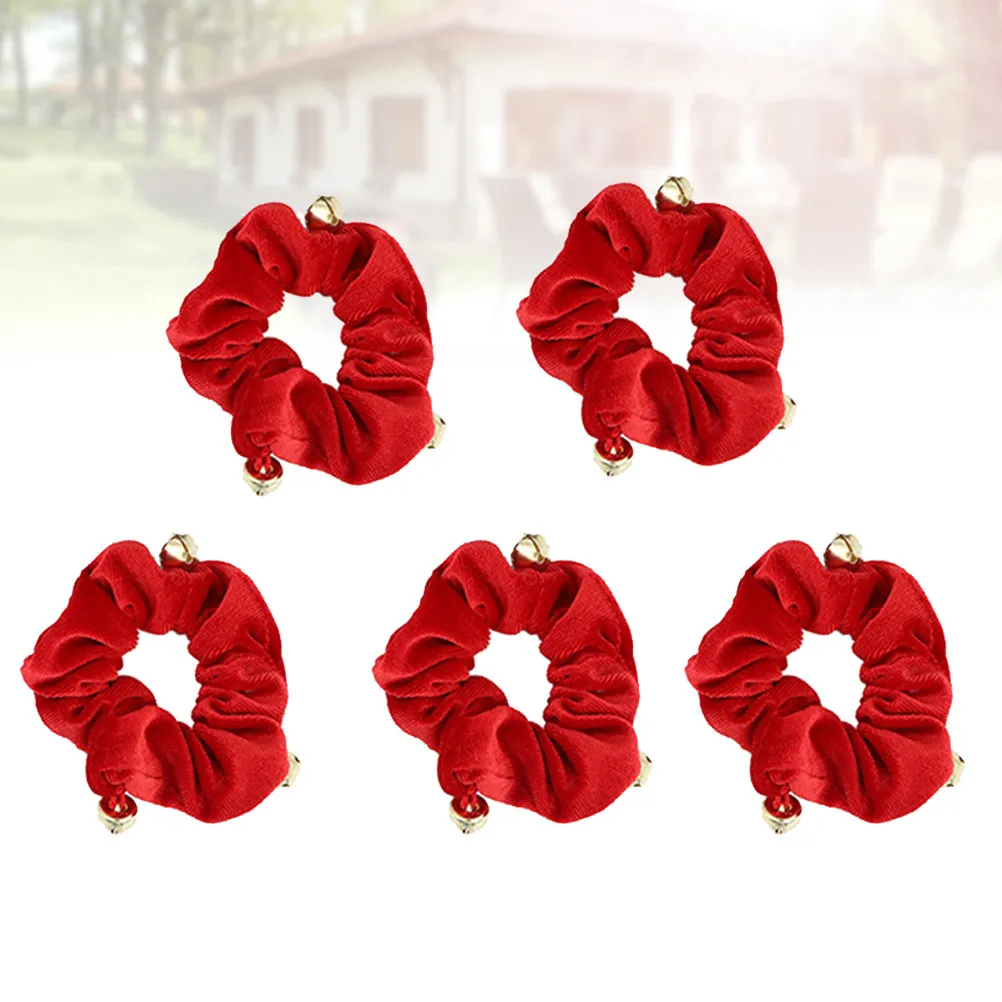 5Pcs Premium Elastic Christmas Hair Bands Sequins Accented Ponytail Holders Festive Red Bell Theme for Women Daily Use