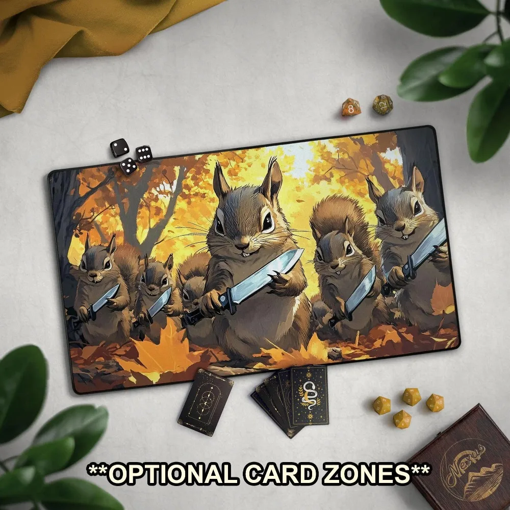 Menacing Squirrels with Knives TCG Playmat, Funny Squirrel Mat With EDH Zones, Squirrel Deck TCG Player Gift For Tabletop Gaming