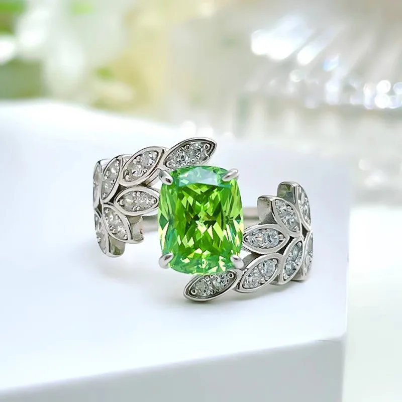 925 Sterling Silver Light Green CZ Feather Design Women Rings Novel Bridal Wedding Rings Anniversary Party Female Accessories