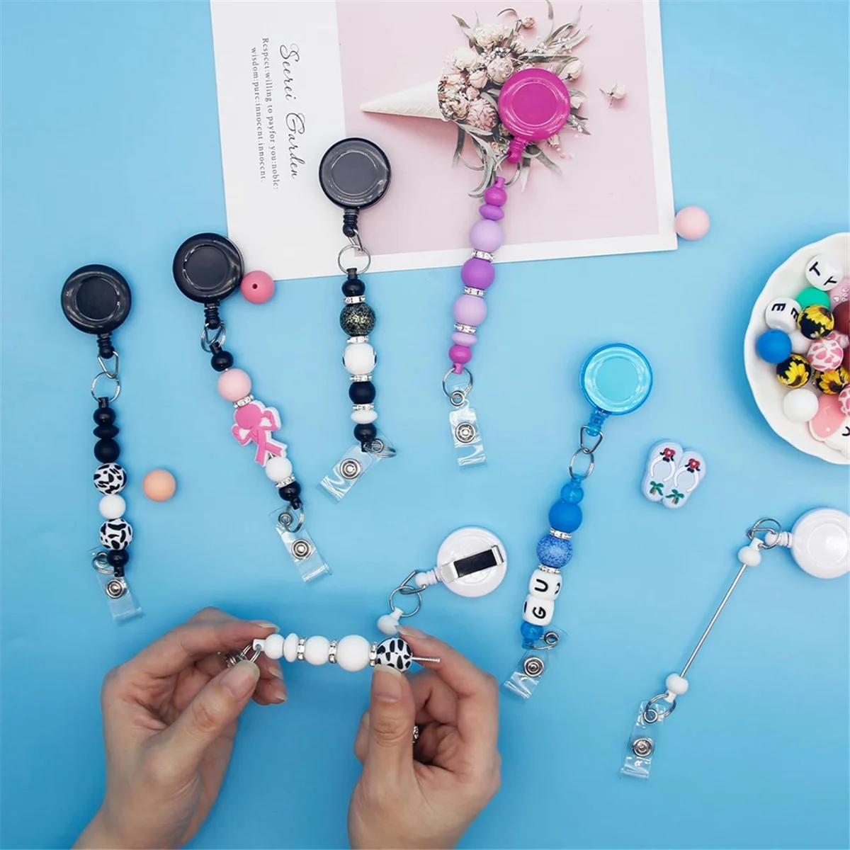 20 PCS Beaded Retractable Badge Reel Clip, DIY Badge Clip Retractable Clip with Blank Beaded Keychain Rod