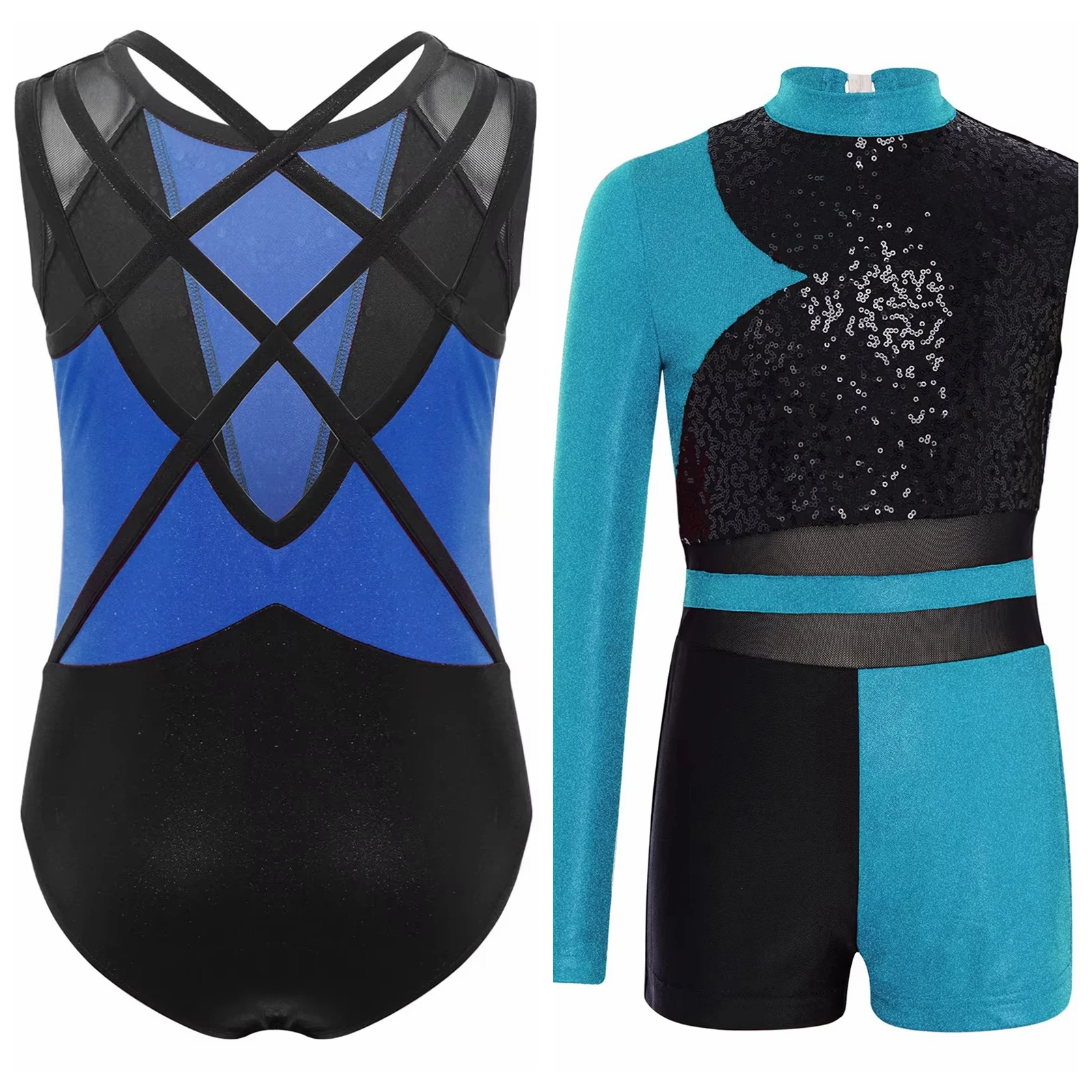 Color Block Chilren's Gymnastics Leotard Jumpsuit Kids Girls Ballet Dance Bodysuit Crisscross Dancewear Metallic Exercise Wear