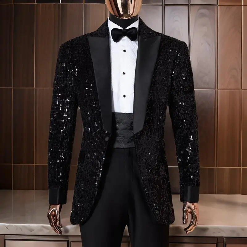 Shining Sequins Men Suits Tuxedo Slim Fit Notched Lapel One Button Blazer with Pants 2 Piece Tailored Groom Wedding Party Jacket