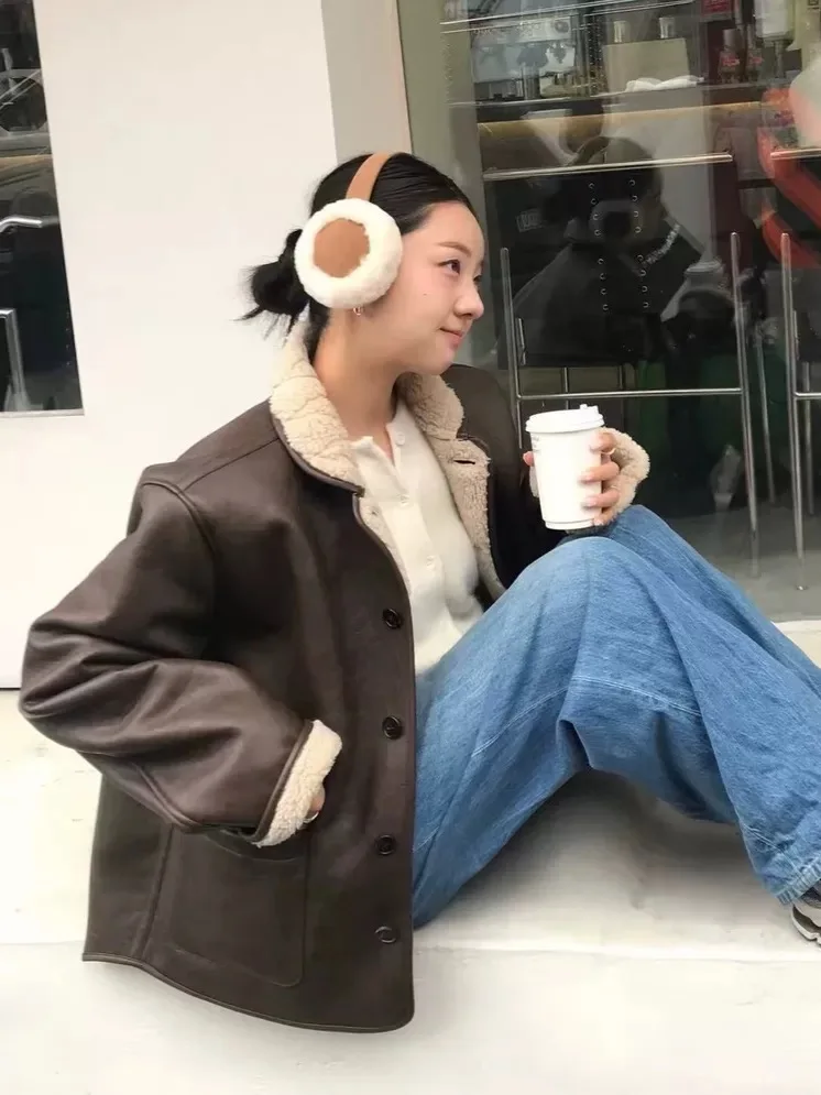 

Sli Retro ort Fur Leather Jaet Turn-down Collar All-in-one Warmth Women's Loose Fit Coat with kets for Youth