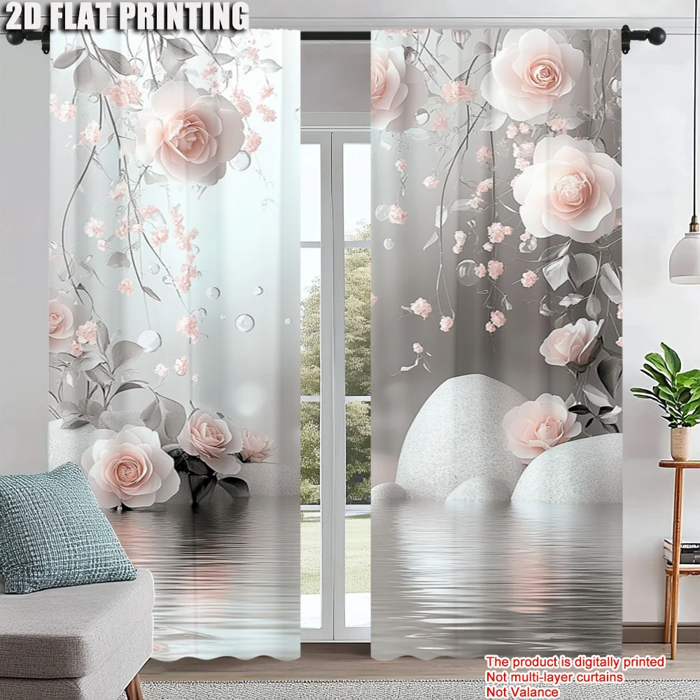 

2Pcs Elegant Pink Flowers Printed Window Curtain Rod Holewindow Curtain Decorative Curtains For Living Room Office Home