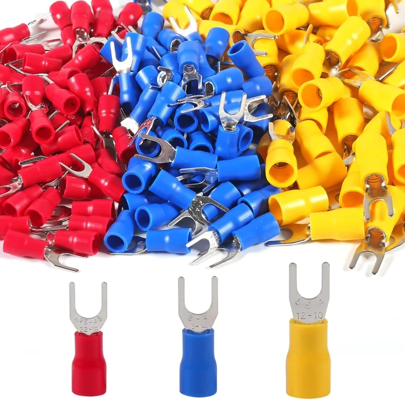 100 U-Shaped Fork-Shaped Insulated Crimp Terminals No. 8 Suitable for 22～10 Awg Wire Gauge for Automotive, Marine, and Industrial Wiring Maintenance