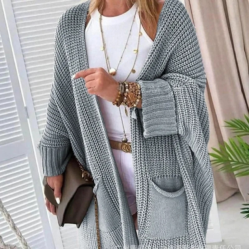 

New Independent Design Retro Joker Autumn And Winter Grey Loose Patch Pocket Long Sleeve Knit Cardigan Fashion Women's Casu