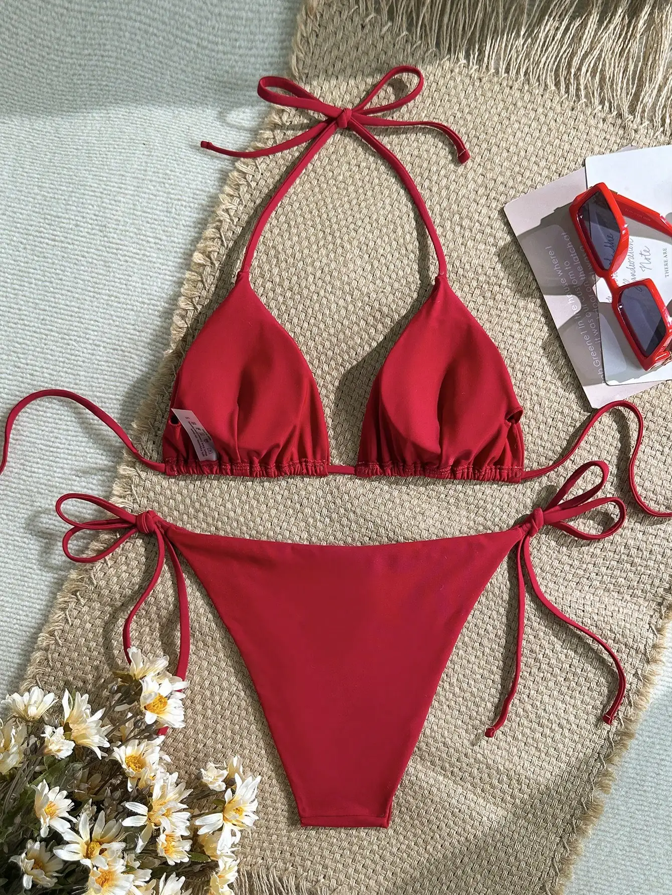 

Однотонный комплект бикини с треугольными чашечками и завязками сбоку для женщин, летний пляжный купальник