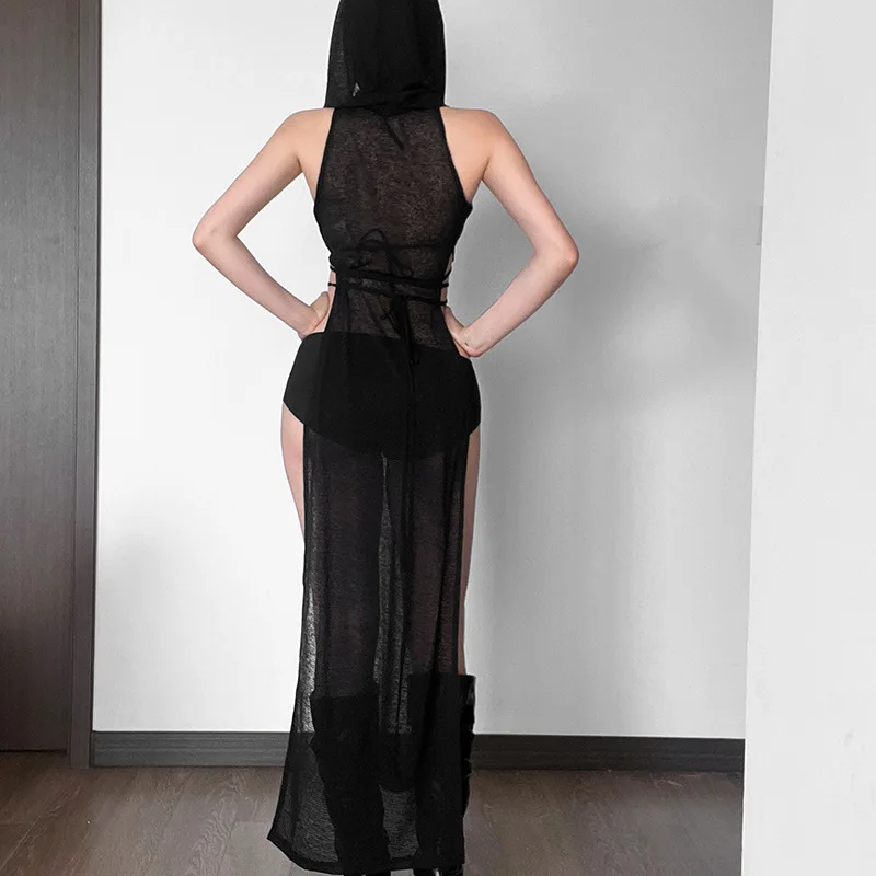 Sexy Costumes Woman Punk Gothic Dress Vintage Y2k Cyber See Through Cut Out Split High Waist Knitted Hooded Dress Cool Cosplay