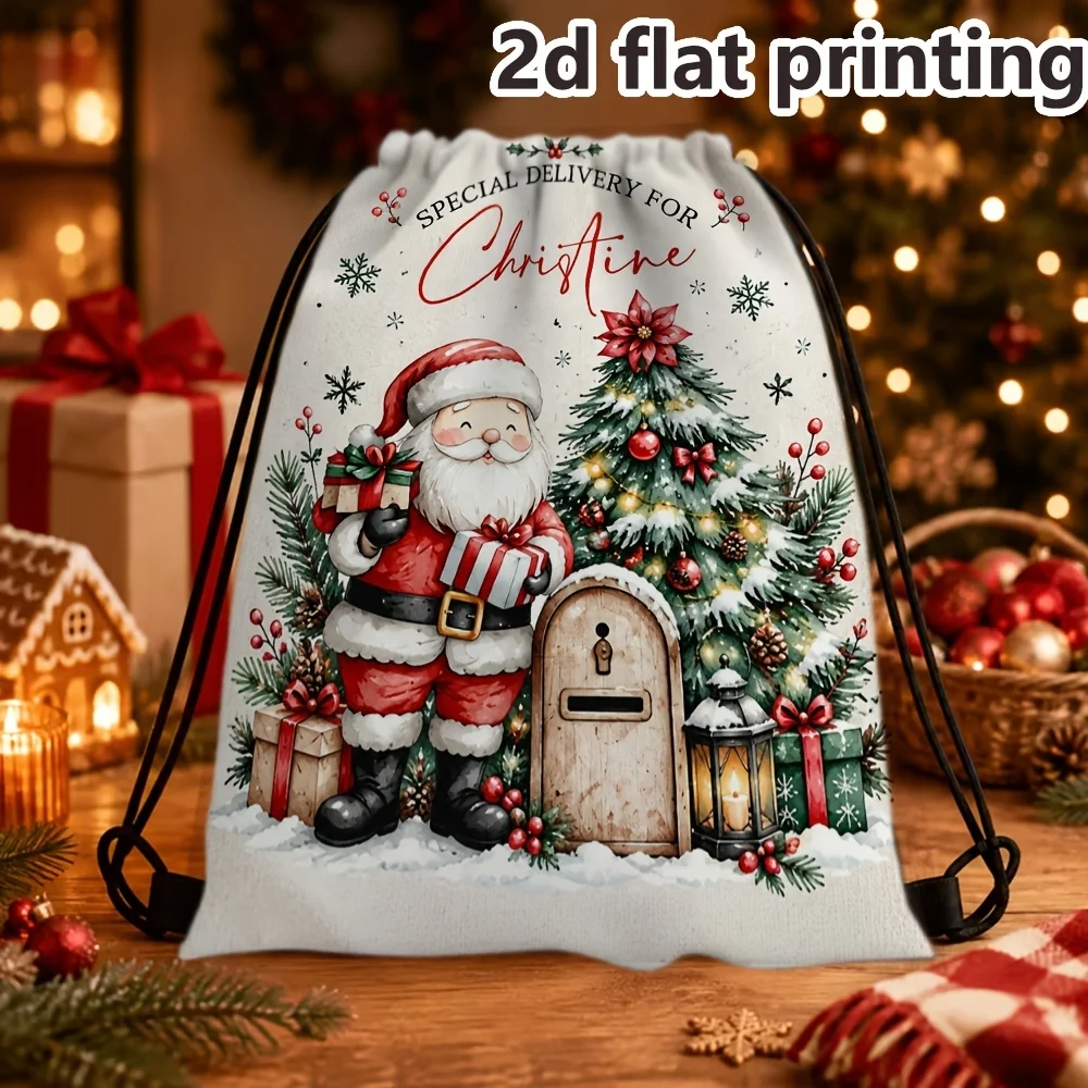 1Pc Christmas Theme Santa Claus Custom Name/Text Drawstring Closure Backpack, Christmas Gift Storage Pouch, Xmas Party Candy Bag
