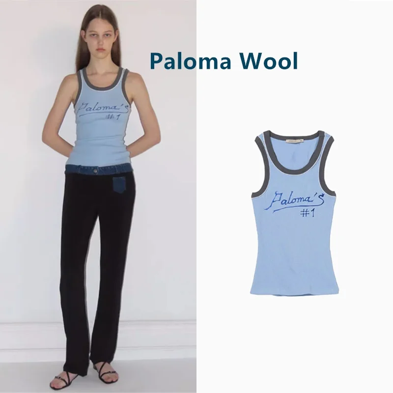 

Paloma Wool Blue round Ne Letter Print Workwear Sle Vest Top Spring Summer Women's Faion Casual Comfortable Svel