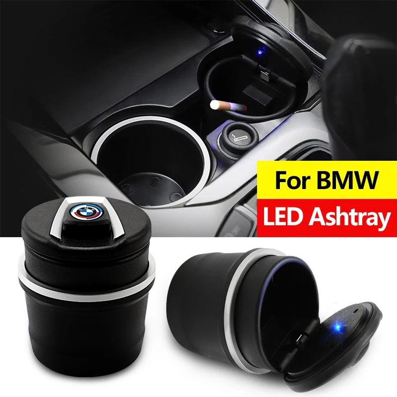 Car Logo LED Ashtray Cigarette Ash Holders Cup Car Interior For BMW 50th E46 E60 F30 F20 G30 G20 E53 F10 E90 E61 E62 E91 E28 X3