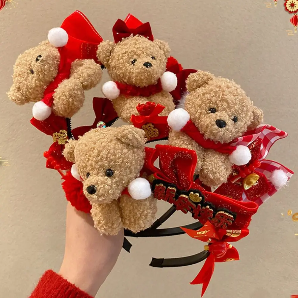 

Creative Cartoon New Year Headband Red Pony Red Velvet Bow Hairband Little Bear Good Luck Hair Hoop Women